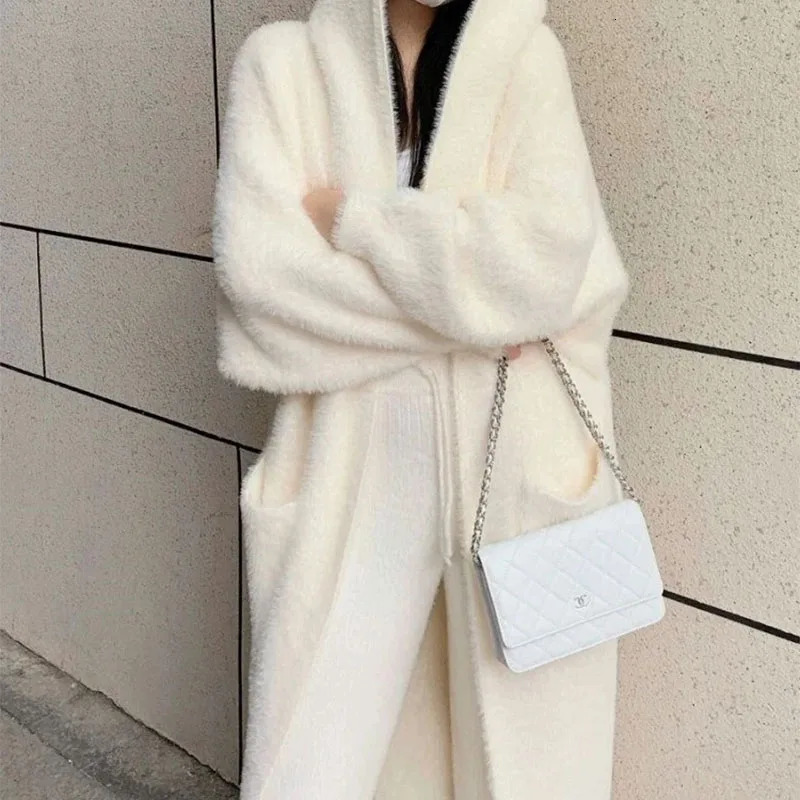 white Long Cardigan for women winter clothes Knitted fluffy long sleeve Cashmere sweater coat clotkorean style warm vintage 250106