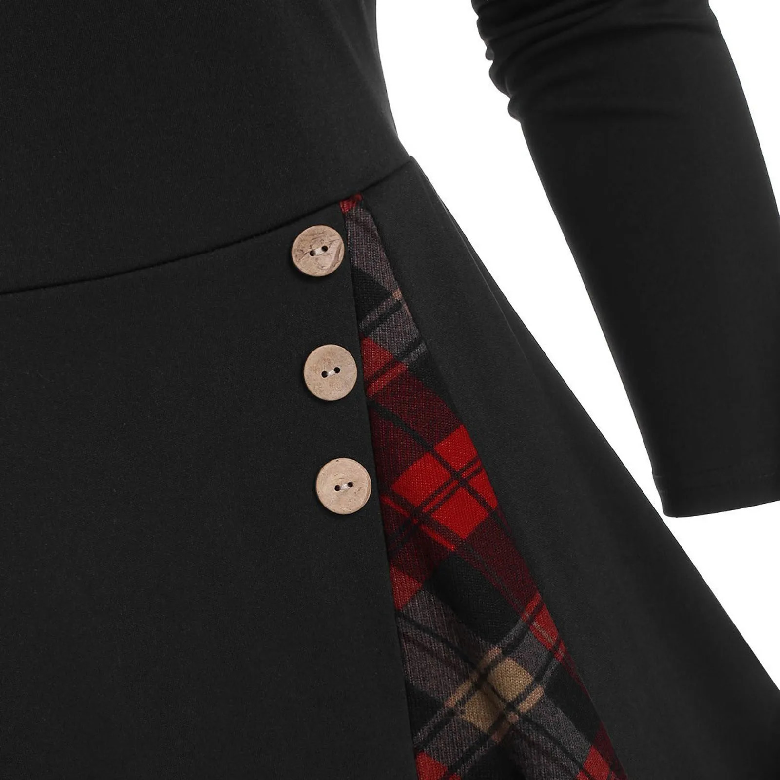 Womens Dress Dresses Vintage Round Neck Plaid Patchwork Mock Button Long Sleeve Cocktail 250106