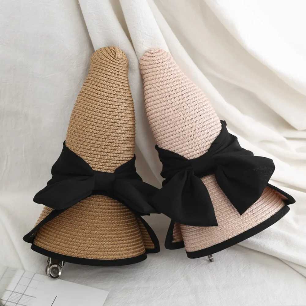 Elegant straw hat womens beach hat summer sun cushion wide brown folding bucket hat outdoor camping hiking sun hat X250109
