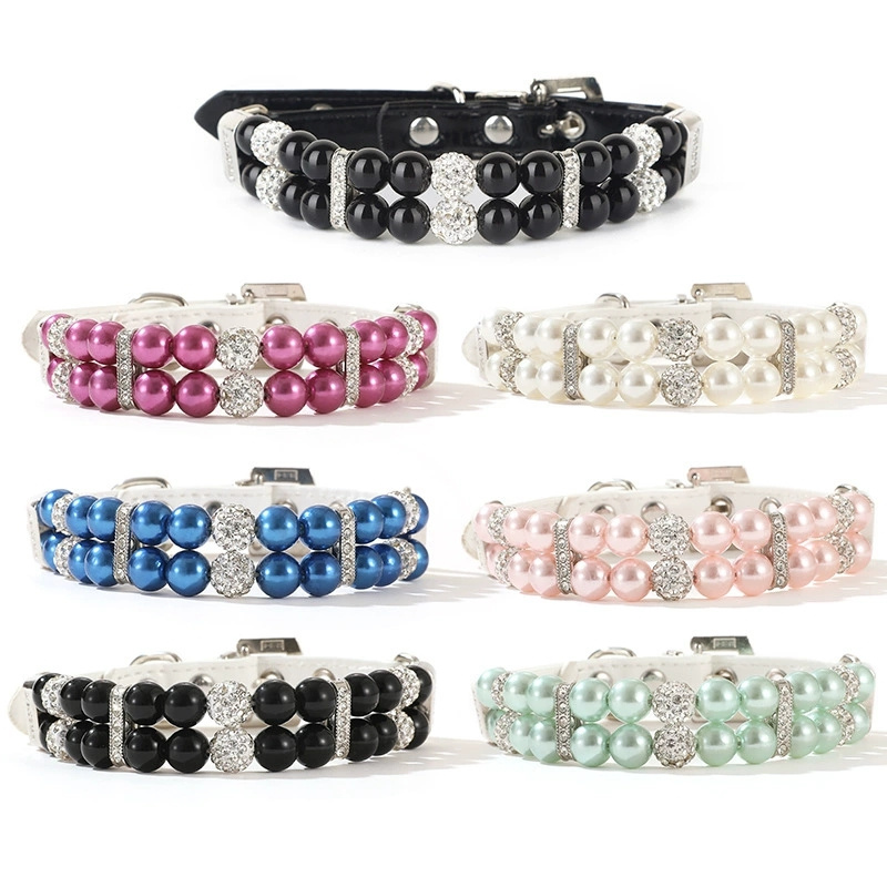 Pet Pearls Collar Leash Set 2 Rows Pearls Pet Necklace and PU Leather Pearl Leash Wire with Crystal Rhinestone Pet Collar