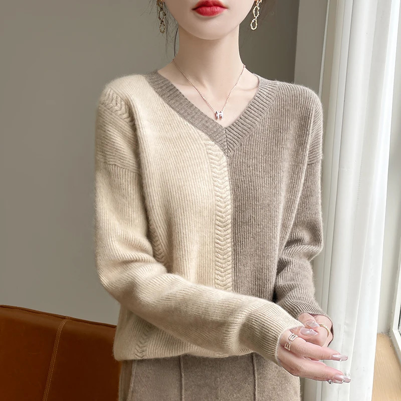 Autumn and Winter Womens Vneck ColorBlock Sweater Comfortable Warm 100% Pure Wool Loose Pullover Top 250108