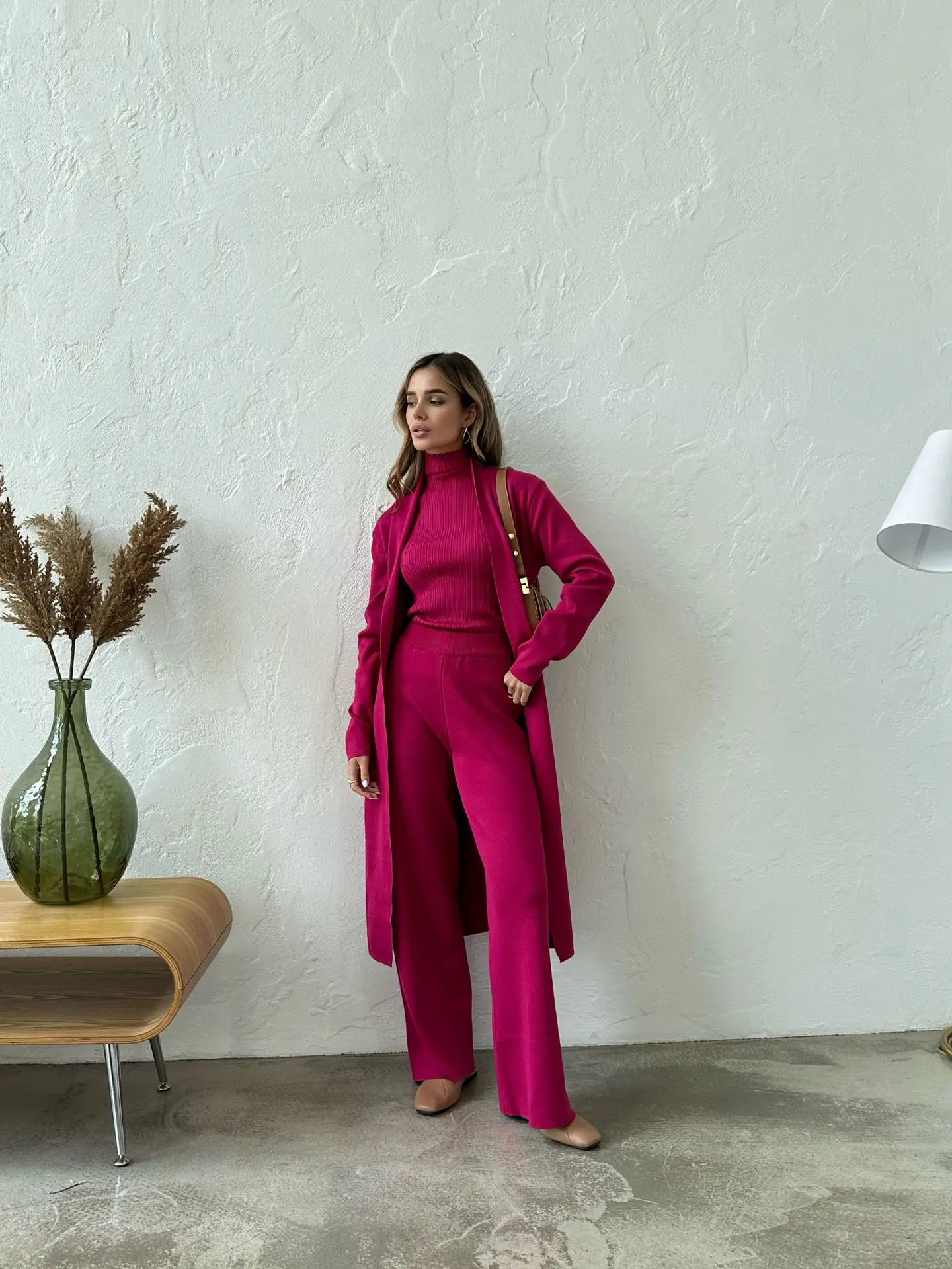 Autumn Winter Women Cardigan Tracksuits Suit Long Sleeve Pullover Knit Wide Leg Pant Set Female Sweater 3 piece Outfits 250106