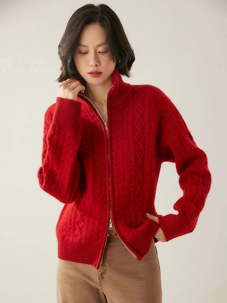 Heavyweight Women 100% Sweater Cable Knitting Cardigan Vintage Style Thick Cashmere Knitwear Autumn Winter Tops