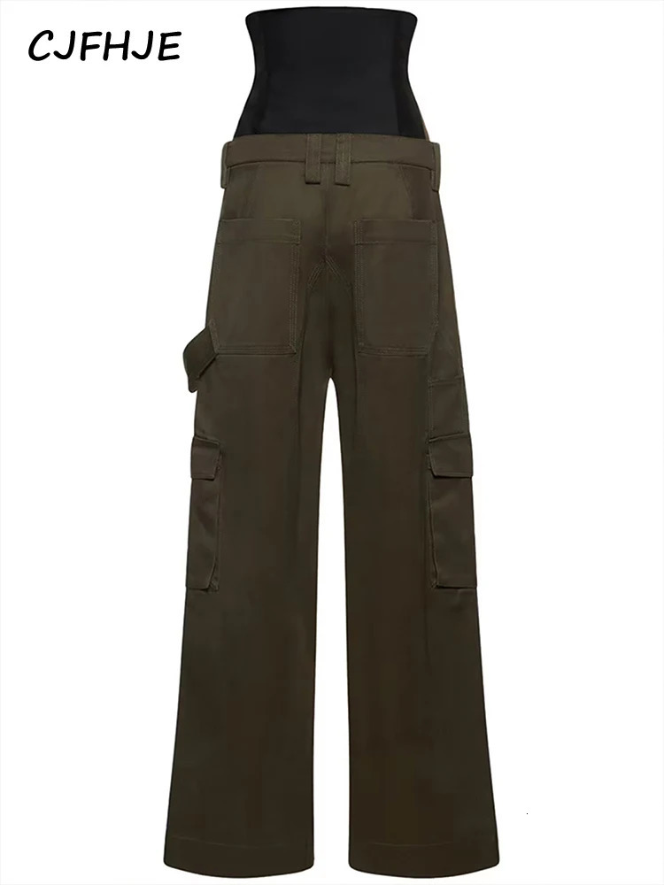 CJFHJE Women Wide Leg Pants Korean Fashion High Waist Two Piece Detachable Corset Boning Loose Fit Unisex Olive Cargo 250106