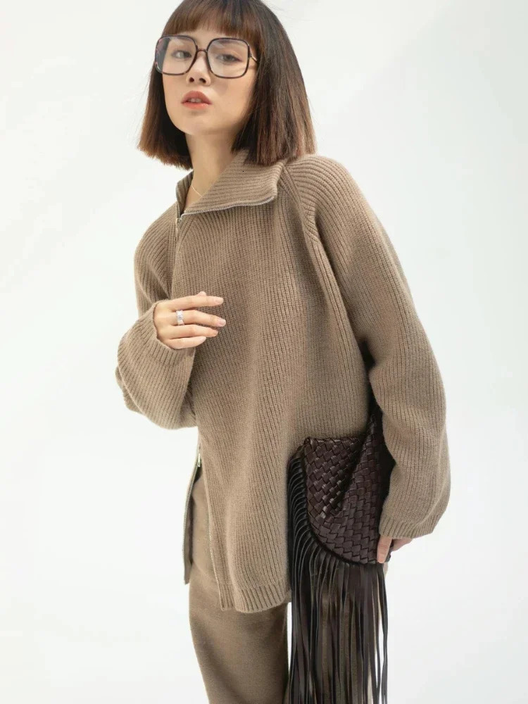 Autumn Knitted Two Piece Set Women Zipper Sweaters and Wideleg Pants Suit Solid Highneck Pullover Sets for 2 Pieces 250106