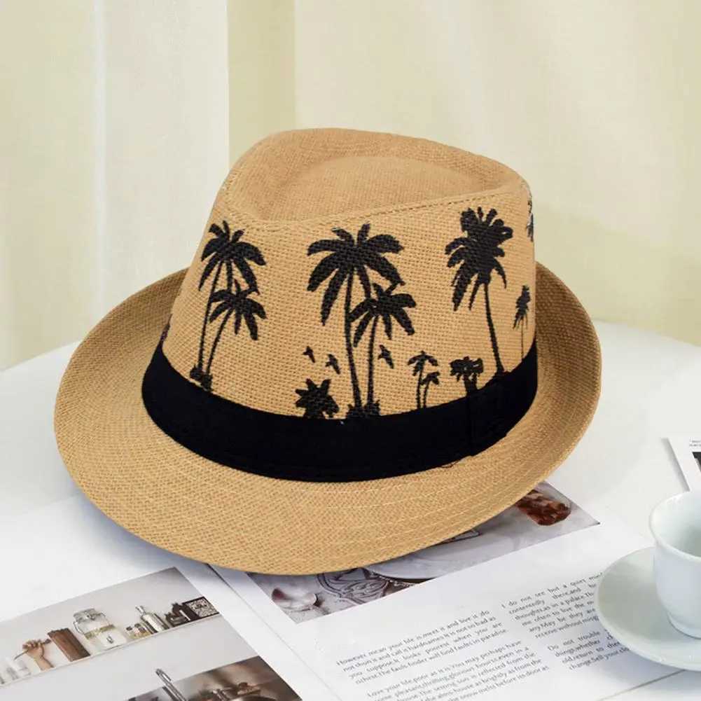 Mens beach hat breathable short Brim tree print contrasting color flat top sunshine lightweight outdoor travel jazz suit X250109