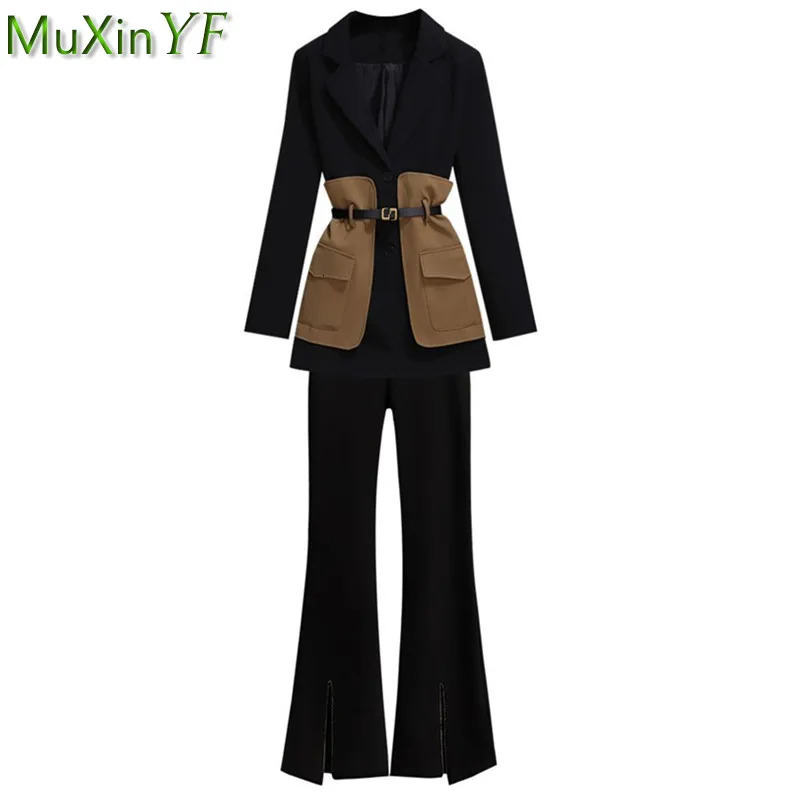 Autumn Winter Womens Blazer Flare Pants Outfits Office Lady Graceful Patchwork Suit Jacket with Belt Trousers Two Piece Set 250106