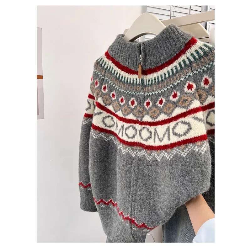 Fair Isle Style Semi-Turtleneck Sweater Knitted Cardigan Women's 2024 Autumn New Winter Thickened Loose Zipper Long-Sleeved Top