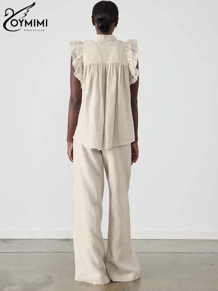 Oymimi Elegant Cotton Black Womens 2 Piece Outfit Set Fashion SingleBreasted Sleeveless Ruffled Shitrs And Simple Trousers Sets 250106