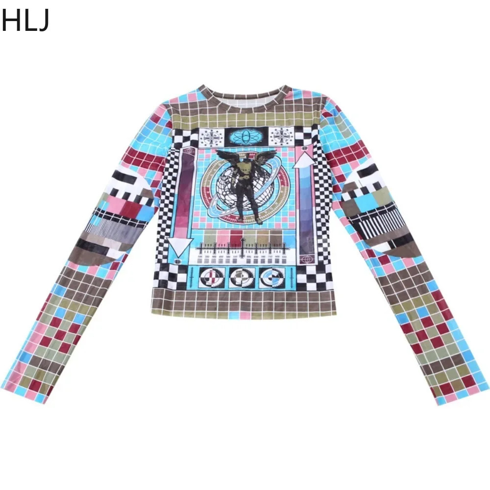 HLJ Y2K Fashion Trend Multicolour Two Piece Sets Women Round Neck Mesh Long Sleeve Crop Top And Ruffle Lace Mini Skirts Outfits 250106