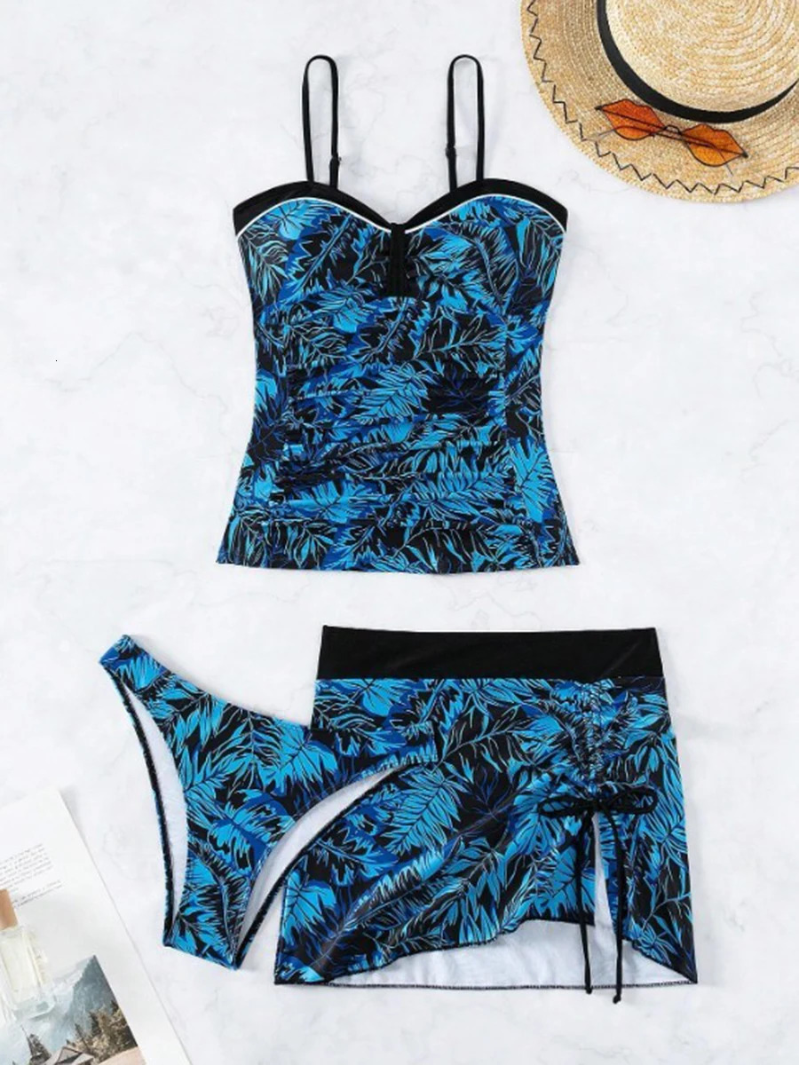 3 Pieces Print Tankini Beach Skirt Swimsuit Women Sexy Swimwear Female Bathers Bathing Swimming Suit Summer Beachwear 250108