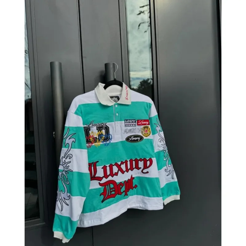 Hiphop striped personalized geometric pattern printed lapel longsleeved Tshirt men Y2K American skateboard sports couple tops 250106