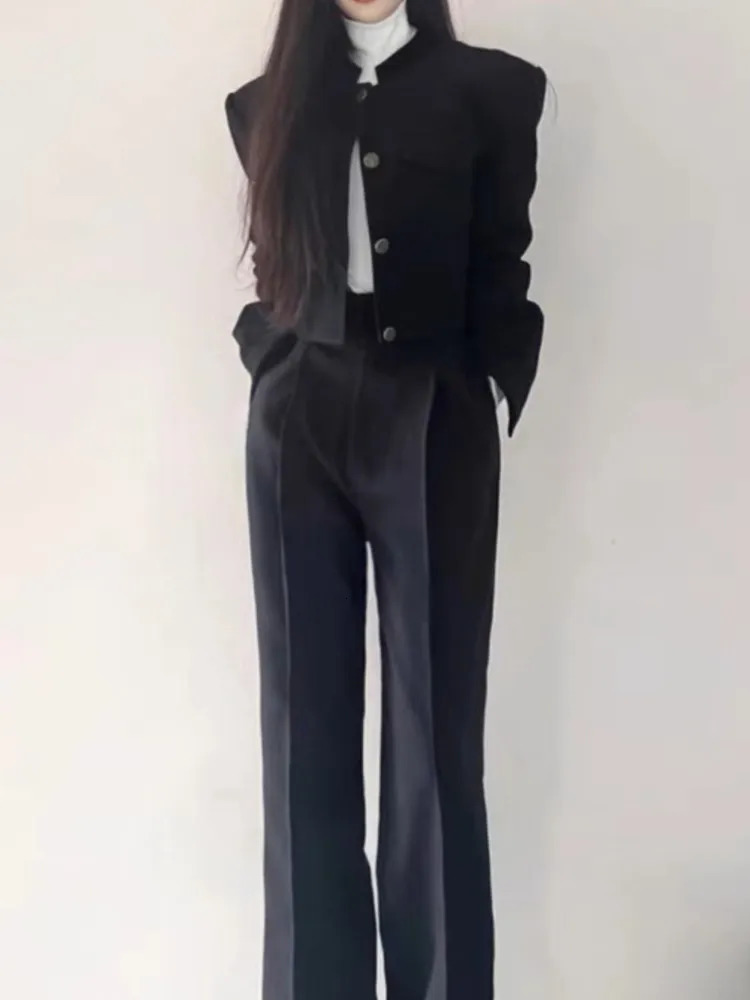 Women Fashion Elegant Casual Business Black Trousers Suit Vintage Crop Blazer Jackets and Pants Two Pieces Set Female Pantsuits 250106