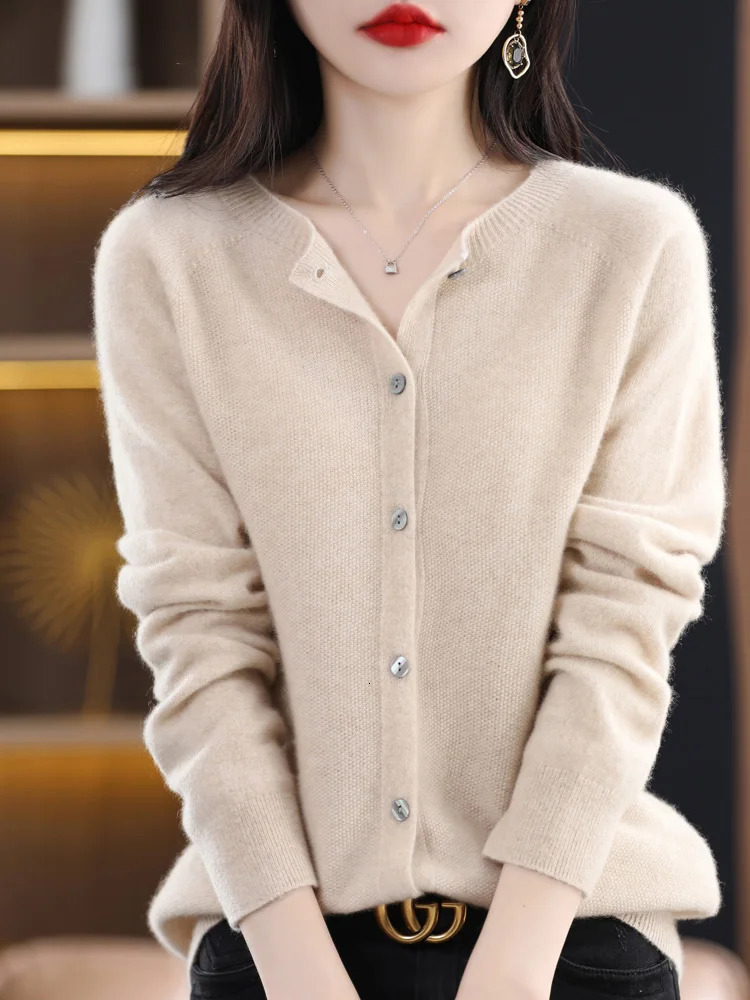 Addonee Women 100% Merino Wool Sweater Cashmere O-neck Cardigan Raglan Sleeve Classical Knitwear Solid Fashion Basic Clothing 250106