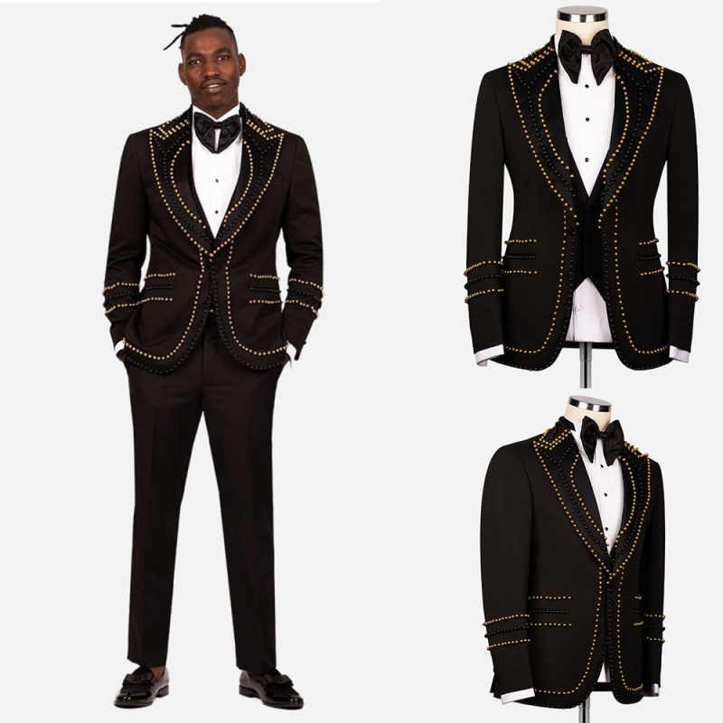 Modern Men Wedding Suits Pearls Peaked Lapel Beaded Groom Wear Tuxedos 2 Pieces Set Business Jacket One Button Evening Party Custom Made Blazer Pants