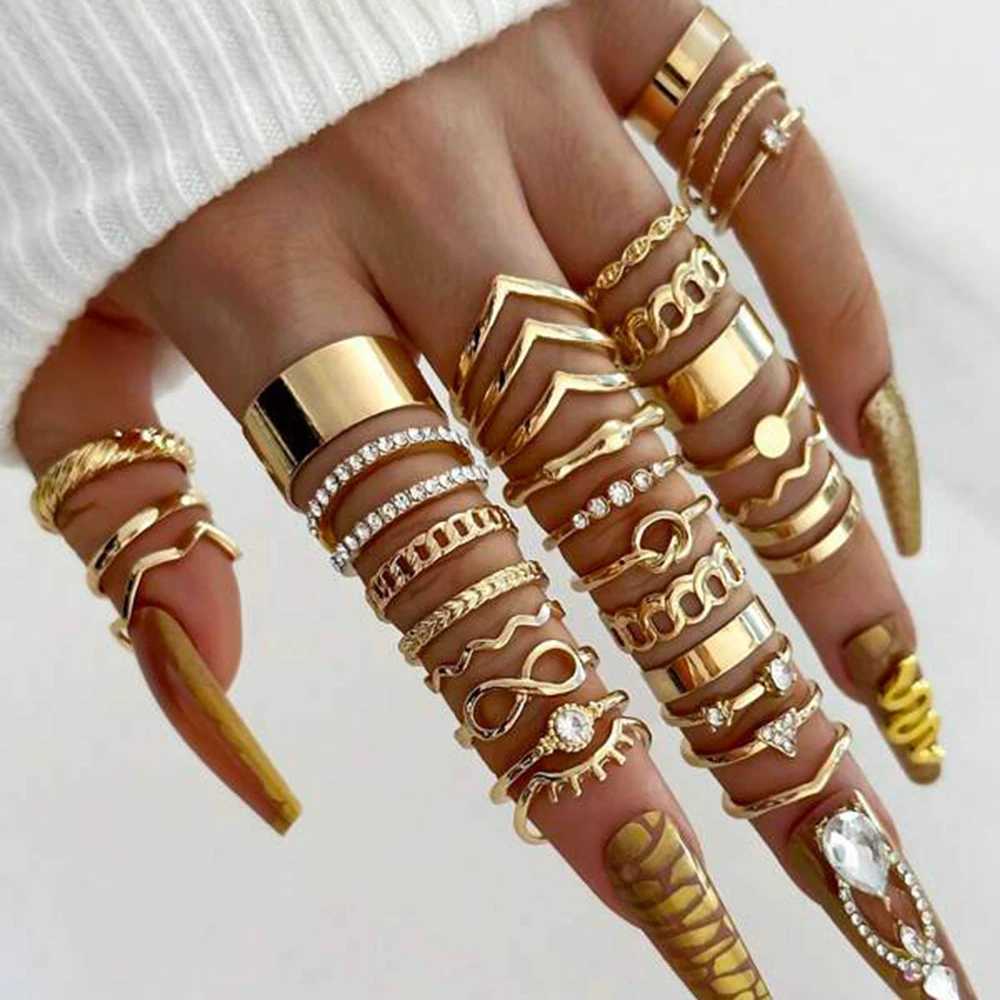 IPARAM 30 piece set gold silver womens ring zircon crystal ripple geometric ring stacked ring fashion jewelry W250109