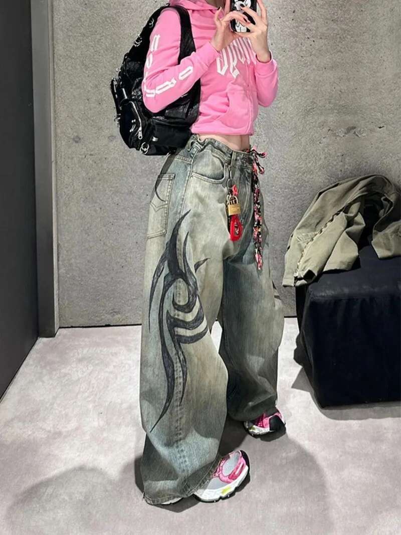 American Gothic Print Blue Wash Y2k Autumn Winter Retro Hip Hop Loose Casual Fashion Street High Waist Straight Jeans