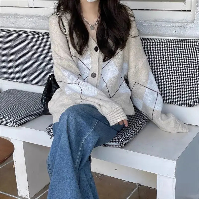 Diamond Shaped Sweater Jacket Cardigan Womens Loose Retro Lazy Style Knitted Long Sleeved Top 250108