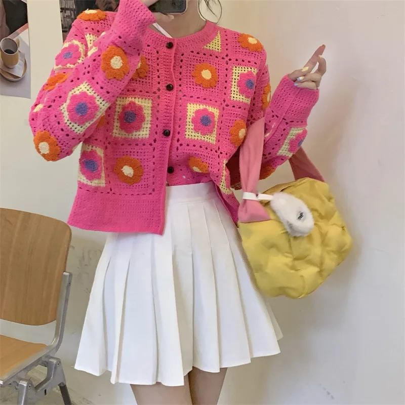 Fall Womens Crochet Cardigans Multicolor Y2k Vintage Knitted Sweaters Long Sleeve Loose Coats Warm Sweaters 3 Colors 250106