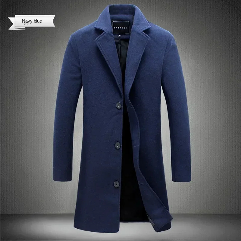Men Long Cotton Coat 2024 Autumn Winter Wool Blend Pure Color Business Casual Slim Fit Windbreaker Jacket Fashion Clothing 250106