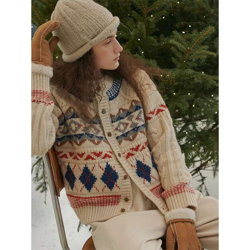 Vintage Argyle Knitted Cardigan Women Christmas Print Sweater Outerwear Winter Aesthetic Knitwear Korean Long Sleeve Jumpers New