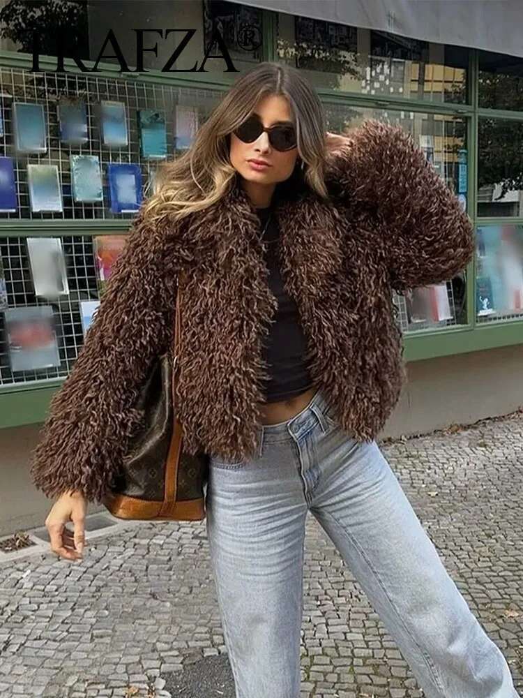 TRAFZA Female High Street Faux Fur Loose Warm Brown Turn Down Collar Long Sleeves Winter Thick Coats Woman 2024 Trendy