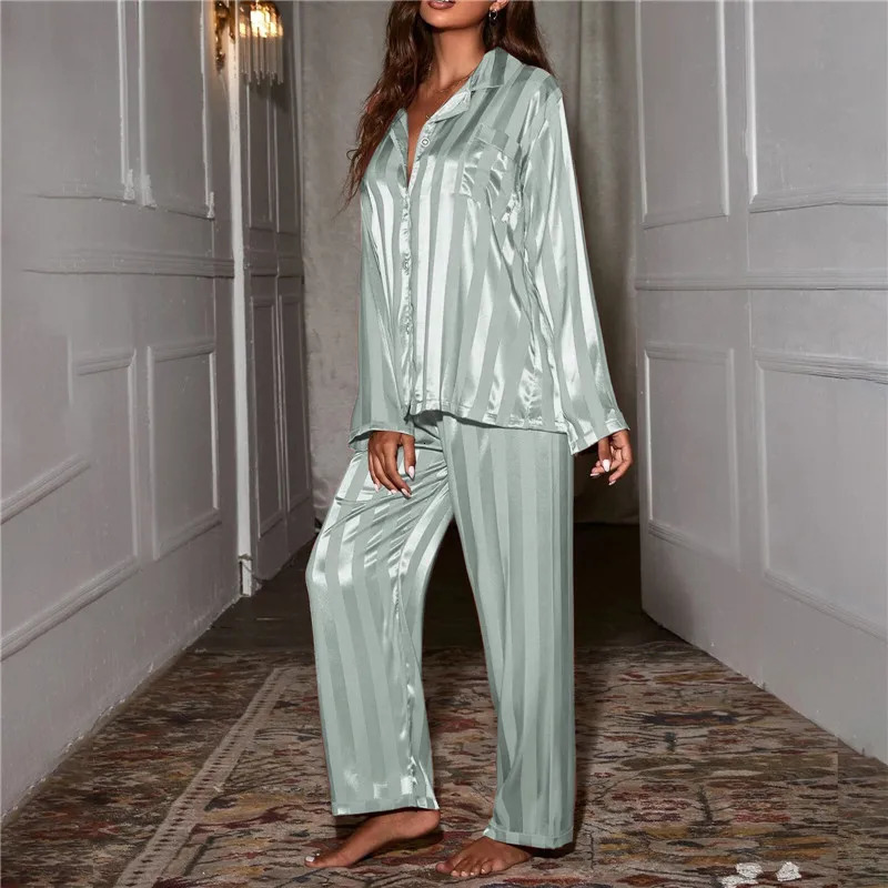 Womens striped pajama set solid French silk satin pajamas two piece comfortable home roupa feminina womens pyjamas 250106