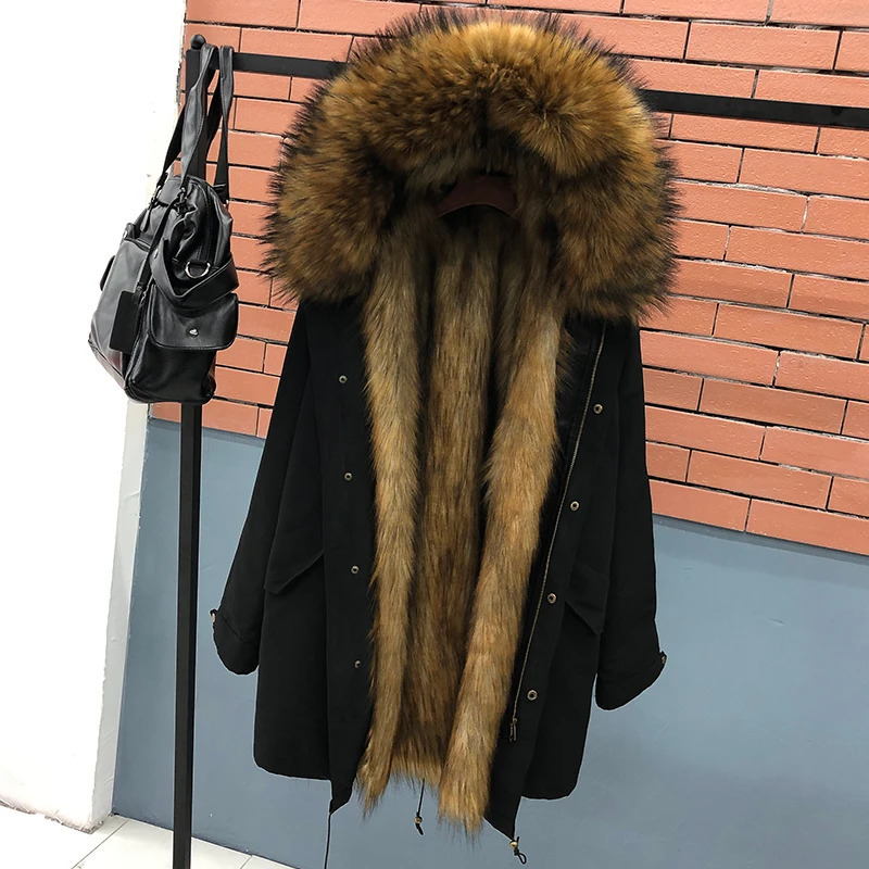 HANZANGL Fur Coat Mens Plus Size Winter Thick Parkas Hooded Jackets Liner Detachable Men Long Overcoat M5XL 250107