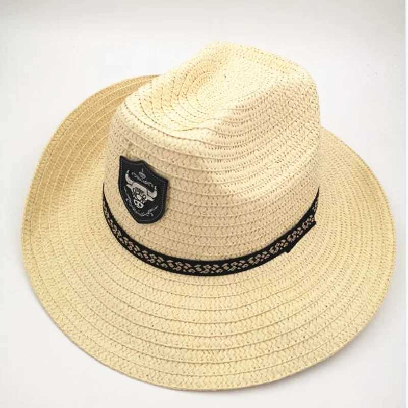 Summer Men Bl badge denim straw hat Sunhat rope jazz hat Western style wide Brim hat mens sun protection hat X250109