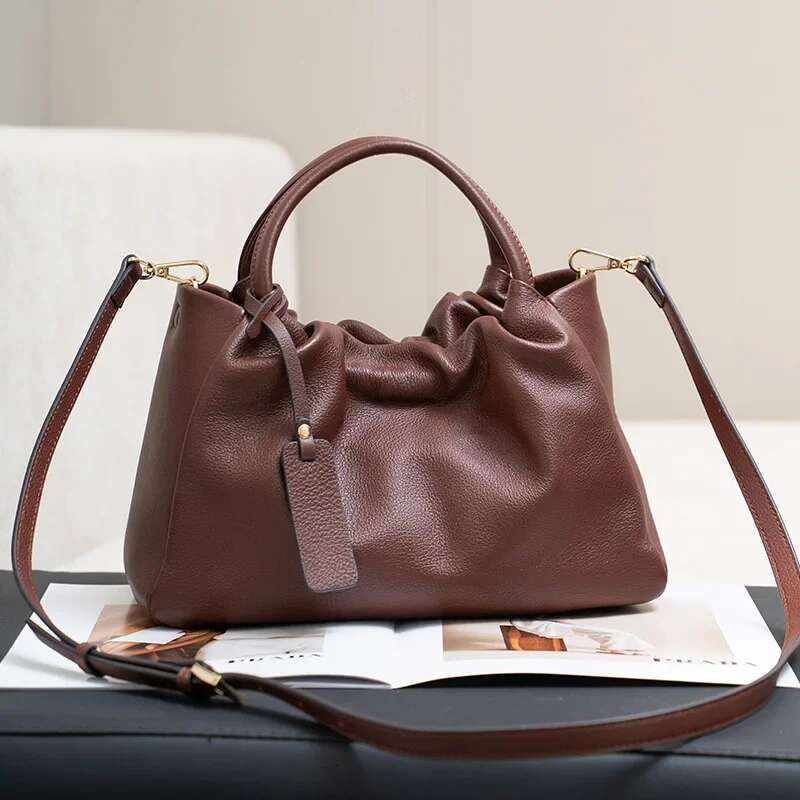 New High Class Coffee Color Large Mom Cloud Tote Soft Natural Cow Leather Women's Handbag Cowskin Female Shoulder Bag