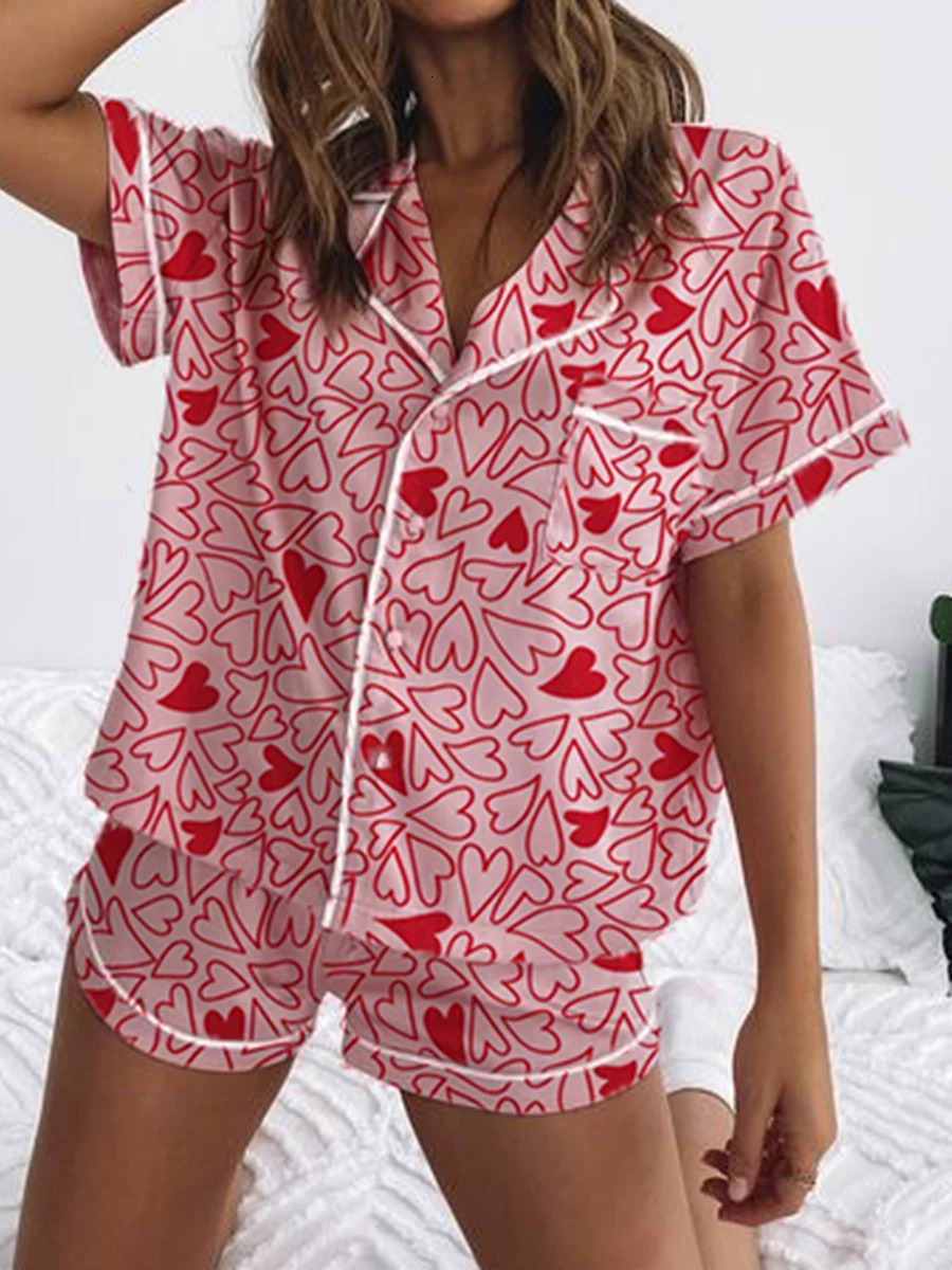 Womens Valentines Day Satin Pajamas Short Sleeve Heart Bow Strawberry Print Shirt Shorts Sleepwear Sets S M L 250110