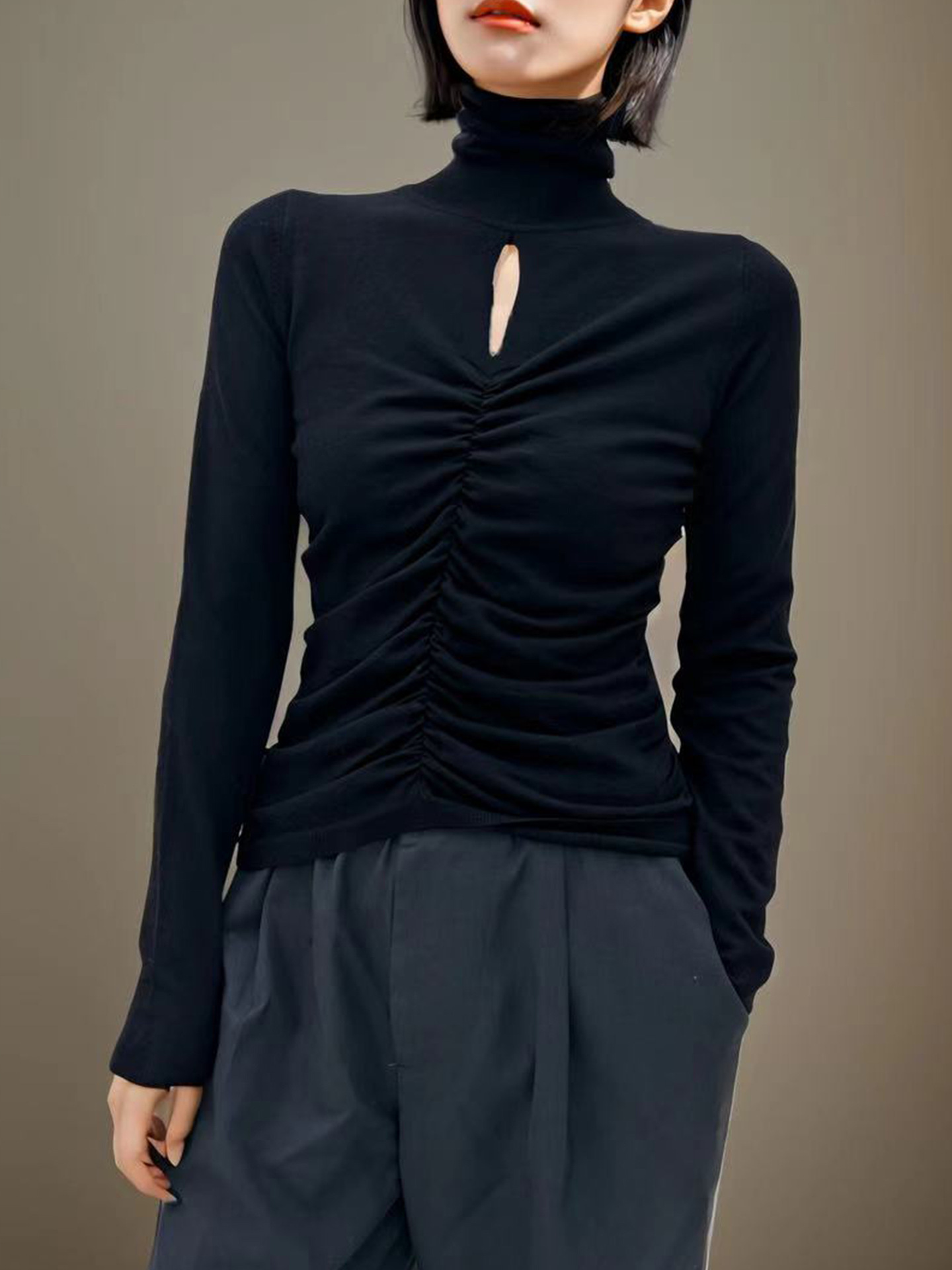 MMBB1 Women's Wool Blend Pleated Pullover with Soft Half Turtleneck