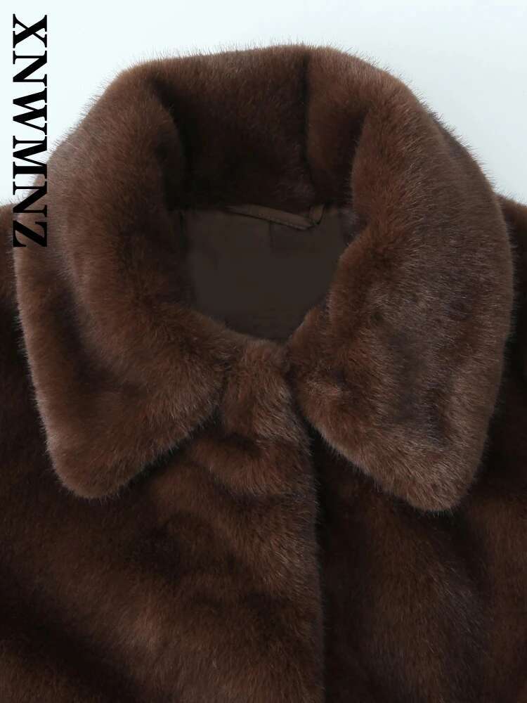 XNWMNZ 2024 Autumn New Lady Classic Turn-Down Collar Faux Fur Outerwear Coat Casual Female Long Sleeve Jacket Ruffles Thick Top