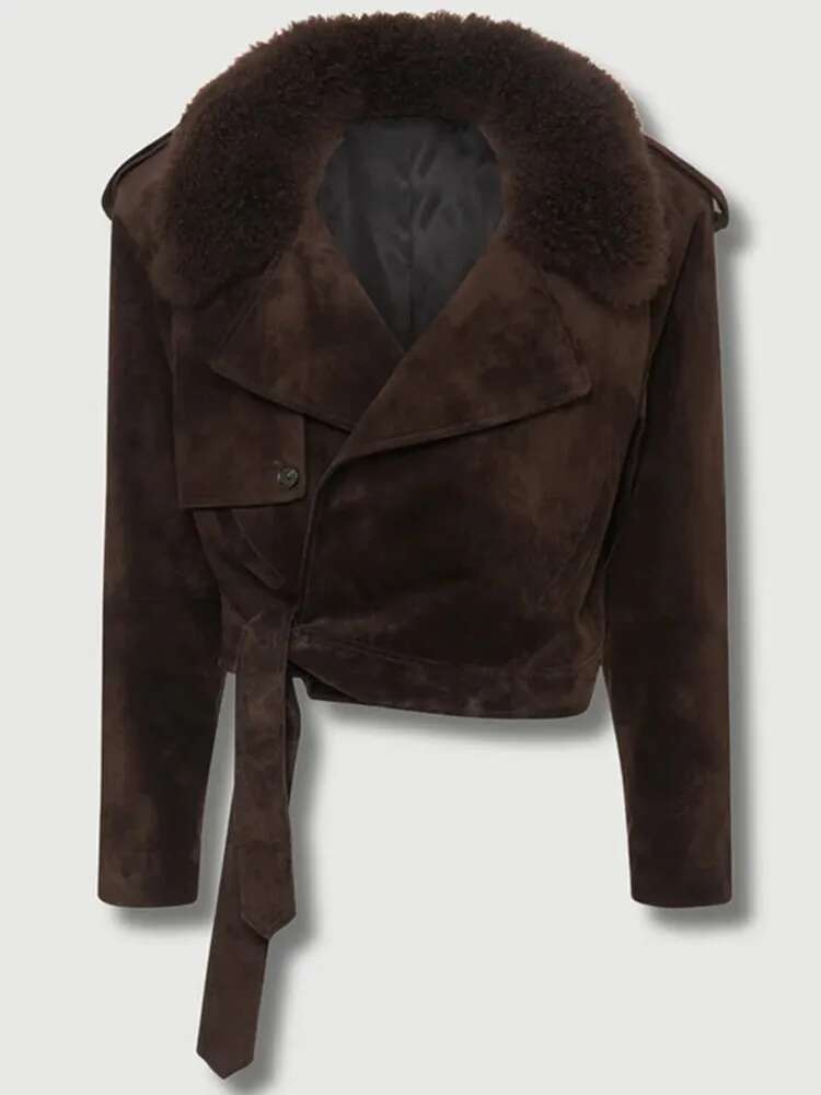 Vintage Deep Brown Faux Fur Jacket Chic Lapel Long Sleeve Button Belt Short Coat 2024 Autumn New Fashion Female High Streetwear