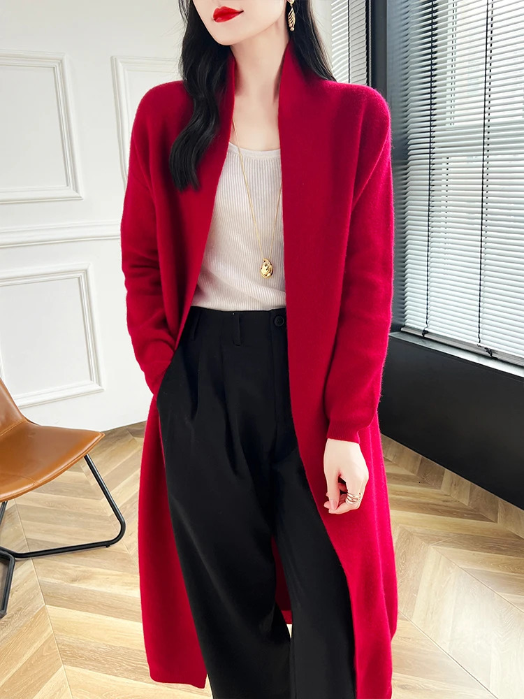Women Long Cardigan Cashmere Sweater Spring Autumn Winter Office Lady Loose Coat 100% Merino Wool Knitwear Korean Fashion 250106