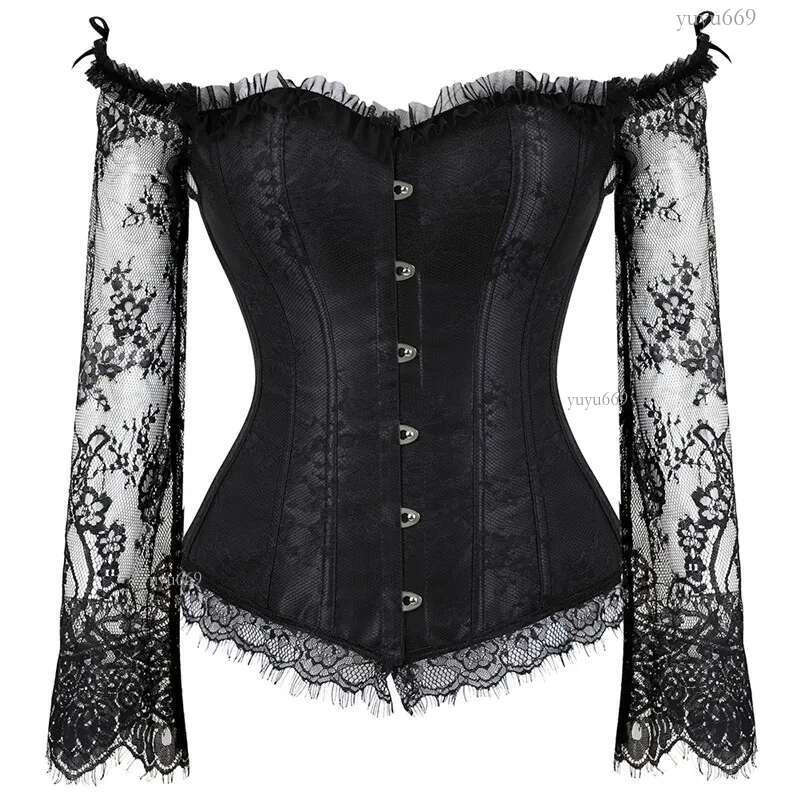 Women's Overbust Corset with Sleeves Vintage Victorian Retro Burlesque Lace Corset and Bustiers Top Vest Fashion White Black