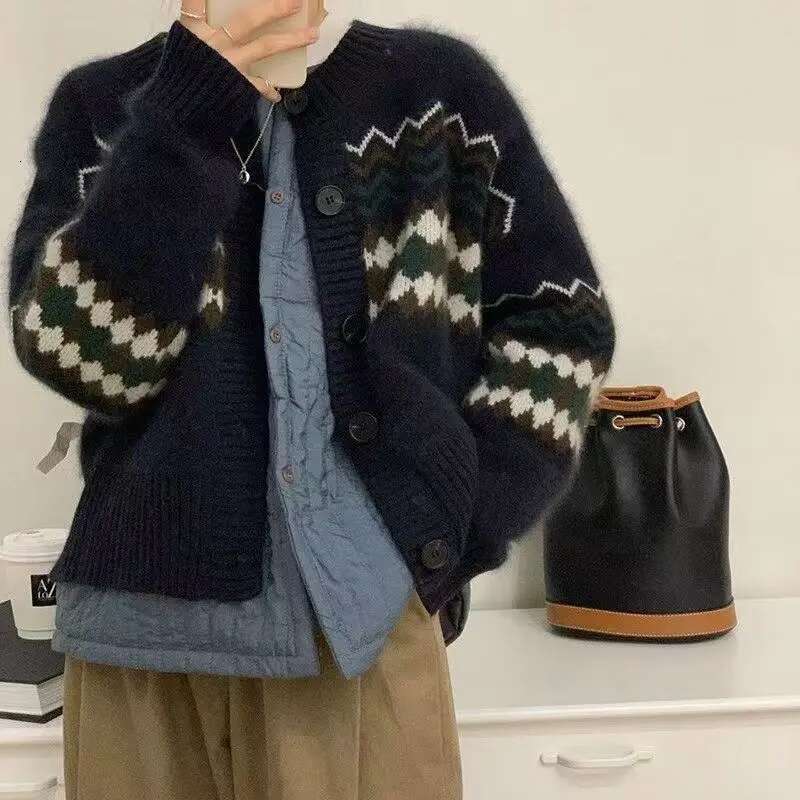 Autumn Winter Office Lady's All-Match Knitted Fair Isle Sweater O-Neck Long Sleeve Top Retro Elegant Women's Clothing Cardigan