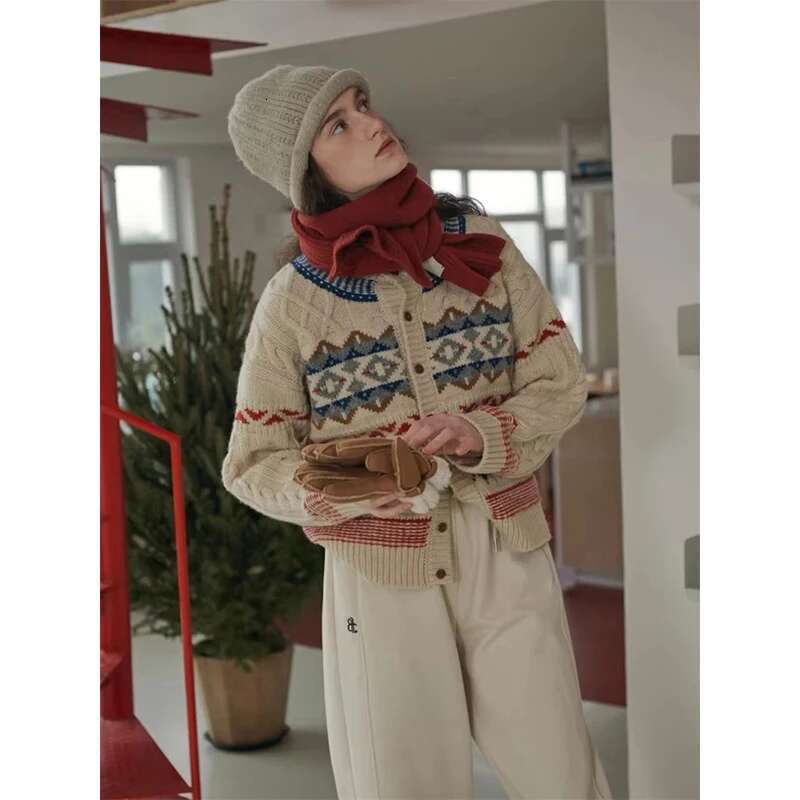 Vintage Argyle Knitted Cardigan Women Christmas Print Sweater Outerwear Winter Aesthetic Knitwear Korean Long Sleeve Jumpers New
