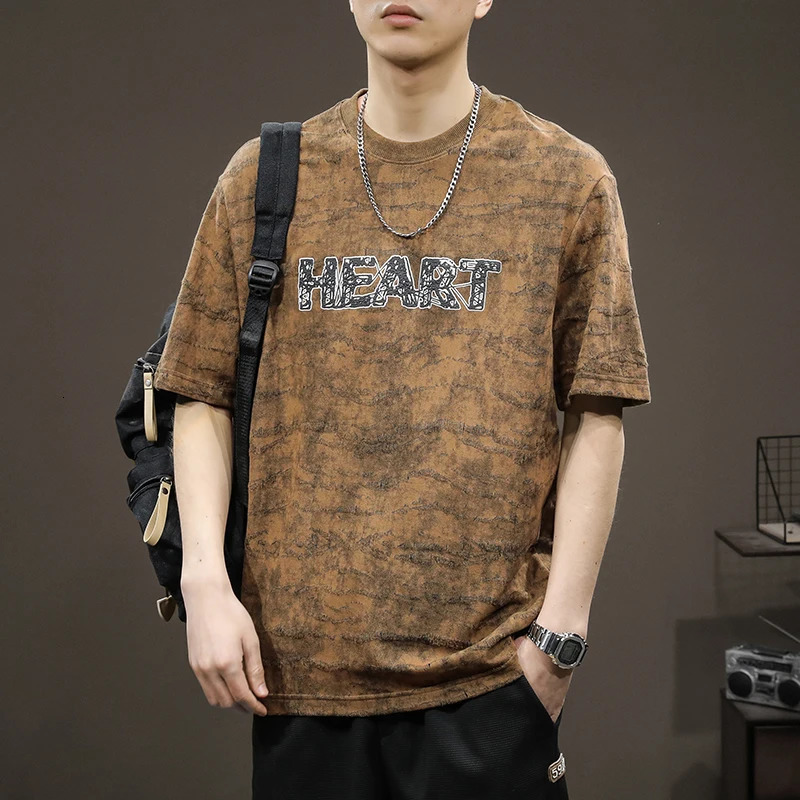 Summer Round Neck Heavyweight Tshirt Mens American Retro distressed Washed Cotton Fashion Trend Letter y Top 250106