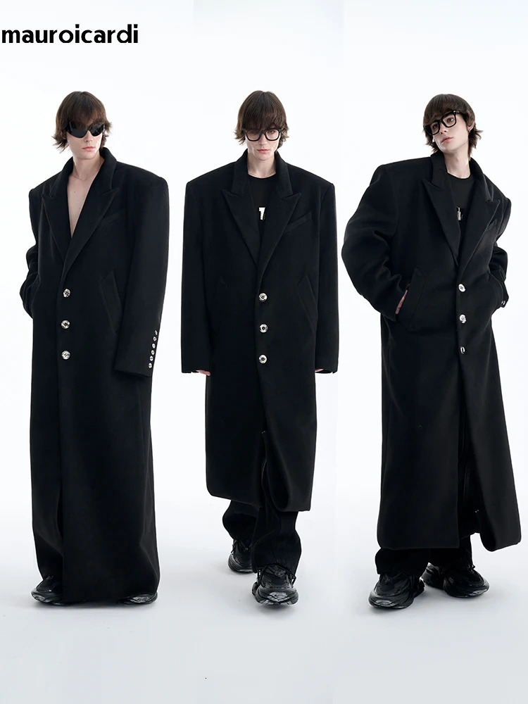 Mauroicardi Autumn Winter Oversized Long Warm Black Wool Blends Coat Men Floor Length Woolen Overcoat 2024 250106