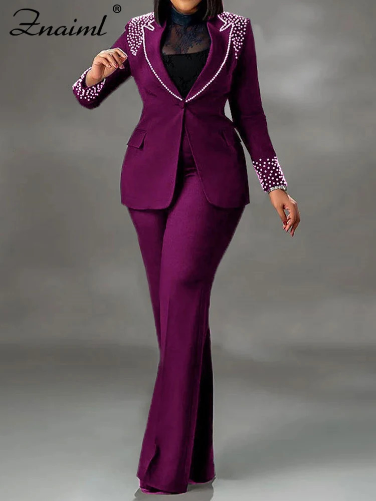 Znaiml Elegant Formal Office Lady Two 2 Pieces Women Clothing Pearls Blazer Coat and Straight Pants Work Business Matching Sets 250106