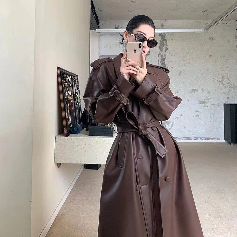 2024 Women Fashion With Belt Long Style Single Breasted Faux Leather Coat Vintage Sleeve Pockets Female Outerwear 250103