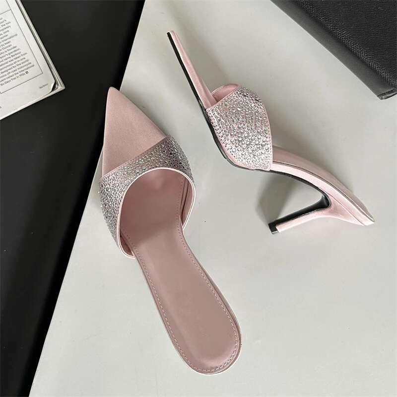Eilyken 2025 New Summer Silk CRYSTAL Women Slippers Sandals Fashion Thin Heels Mule Beach Slides Shoes Atos Mujer