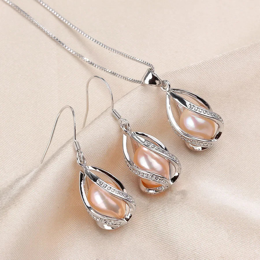 YWYC 89mm Natural Freshwater Pearl In Cage Pendant Necklace Drop Earrings Jewelry Set for Women 250109