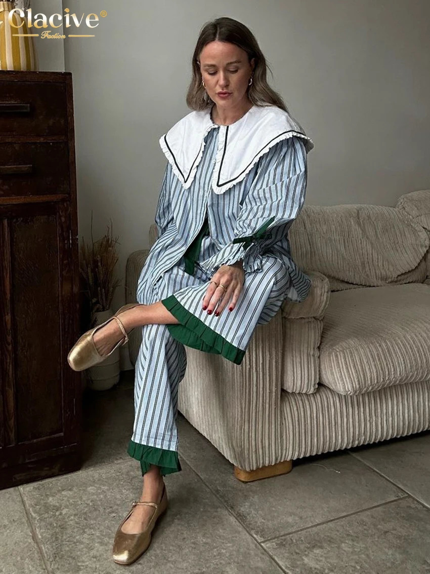 Clacive Fashion Loose Stripe Print Patchwork 2 Piece Sets Women Outfit Elegant Long Sleeve Shirt With High Waist Wide Pants Set 250106