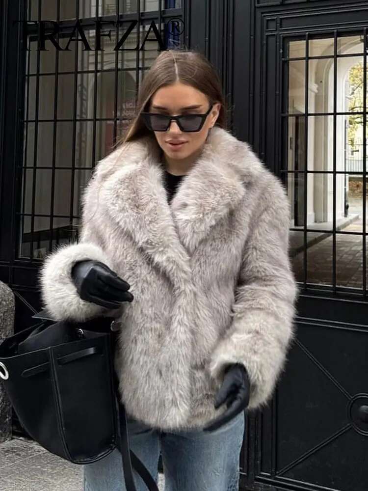 TRAFZA Female Elegant Solid 3-Color Faux Fur Effect Long Sleeve Cardigan Winter Women's High Street Pockets Coat Mujer