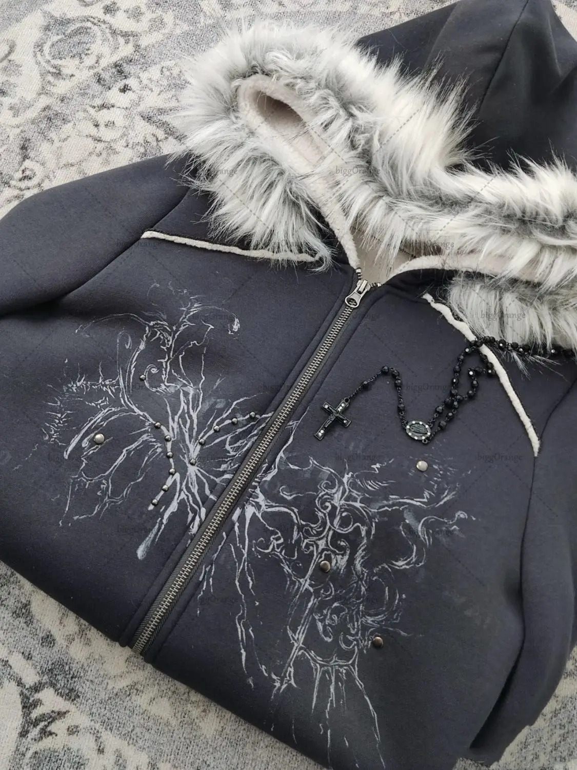 Gothic Punk Fur Collar Zipper Hoodie Y2K Harajuku Rhinestone Sweatshirt Women Casual Retro Trendy Clothing 250110