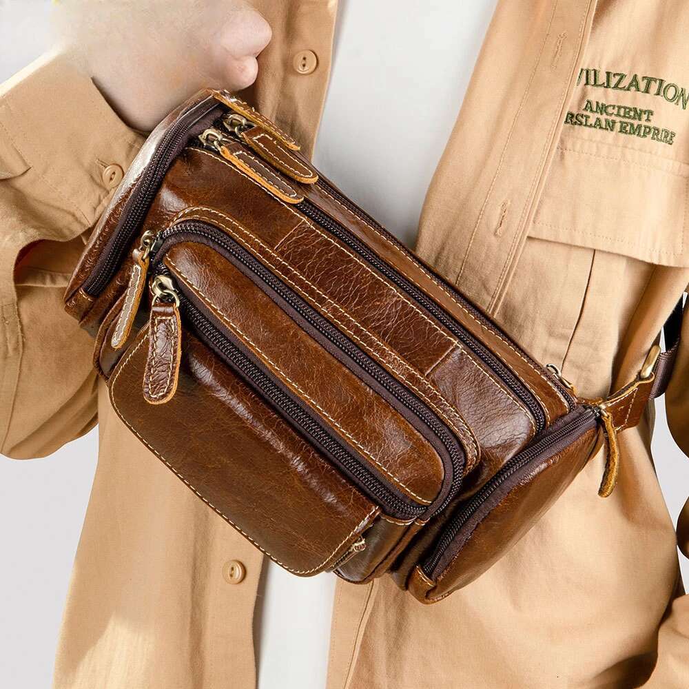 Leather Retro Large-Capacity Outdoor First Layer Cowhide Men's Fanny Pack, Shoulder Messenger Bag