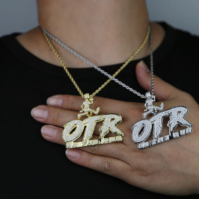 OTR Letters Pendant Necklace Iced Out Bling CZ Stones Men Charms Fashion Jewelry 250109