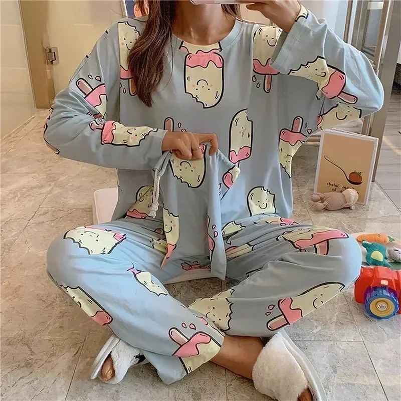 Spring Sleepwear Sets Set Pajama Cow Cartoon Long Sleeve Print Cute Women Twopieces Underwear 250106